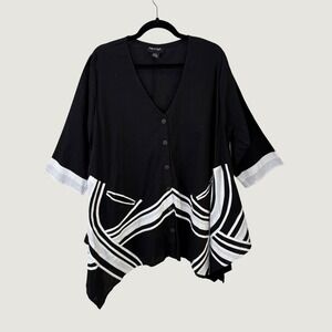 Step In Style Tunic One Size Black White Lagenlook Artsy Asymmetrical Cotton